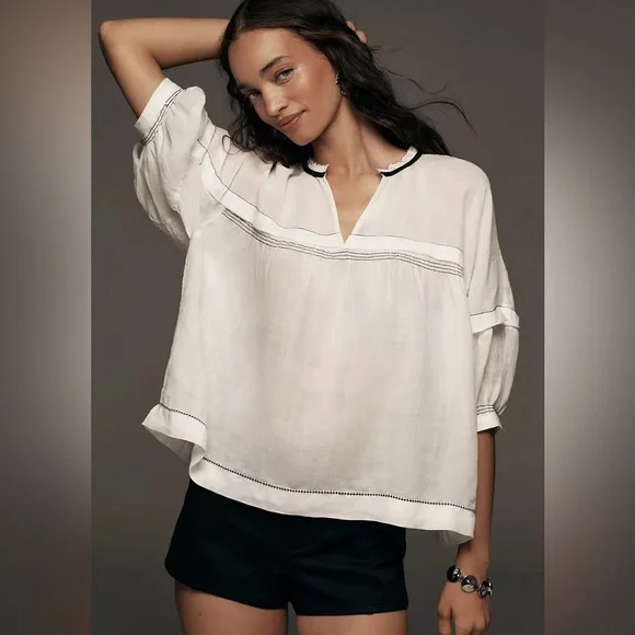 NWT Anthropology Maeve Balloon-Sleeve V-Neck Stitched Blouse Size M - Picture 1 of 8